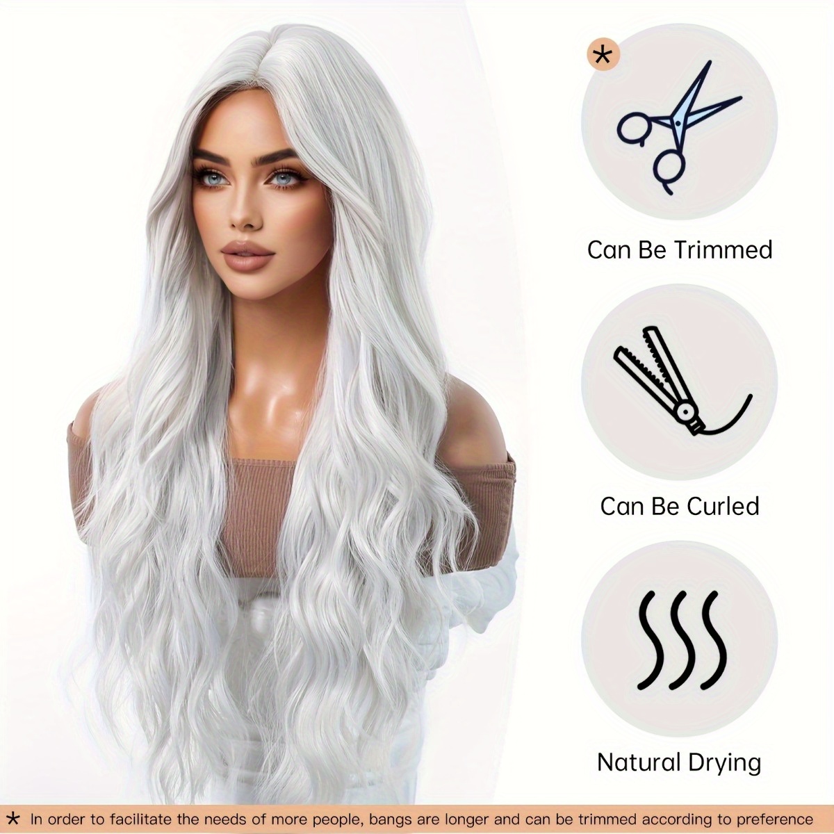Hair Care Natur - 安信ブランド合成繊維ウィッグ：シルバーホワイトの自然な大きなウェーブのかかったロングカールヘアスタイル、髪の毛は滑らかで光沢があり、質感はダイナミックで軽量です。 高品質の合成繊維素材で作られており、快適な着用感、肌に優しく、お手入れが簡単です。 大人の女性の日常のファッションスタイリング、目を引くパーティー衣装、コスプレキャラクターの再現、ゴシック/レトロをテーマにした衣装、トレンディなアイテムに適しています。