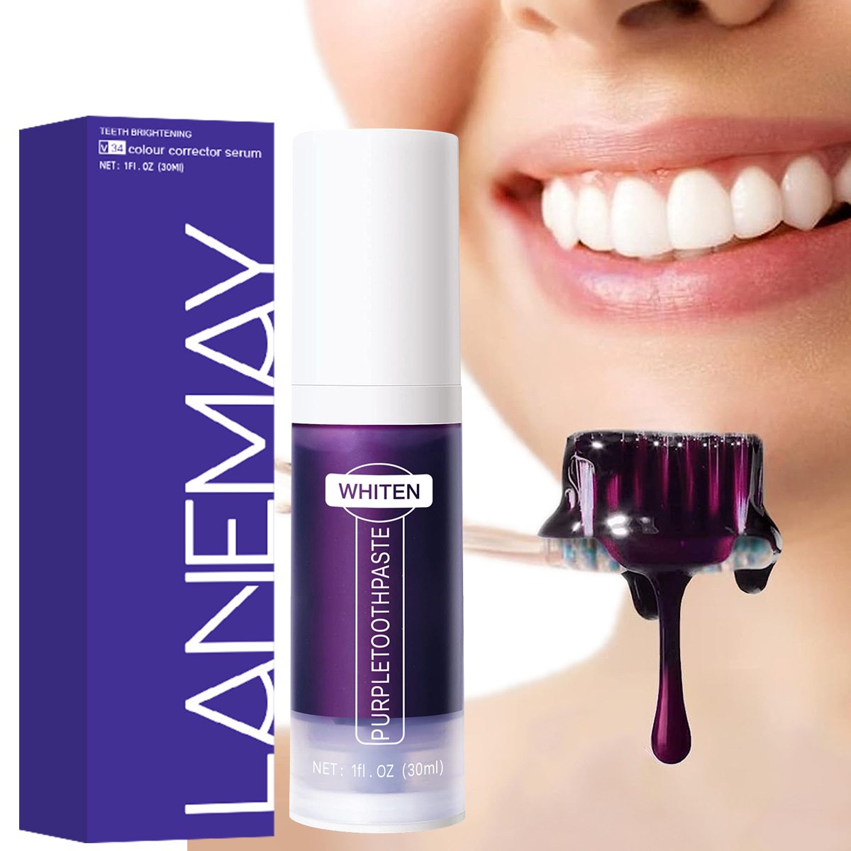 Purple Toning Shampoo - パープル歯磨き粉カラーコレクターセラム - 歯のホワイトニング効果を高め、黄ばみを中和、エナメル質に安全、30ml