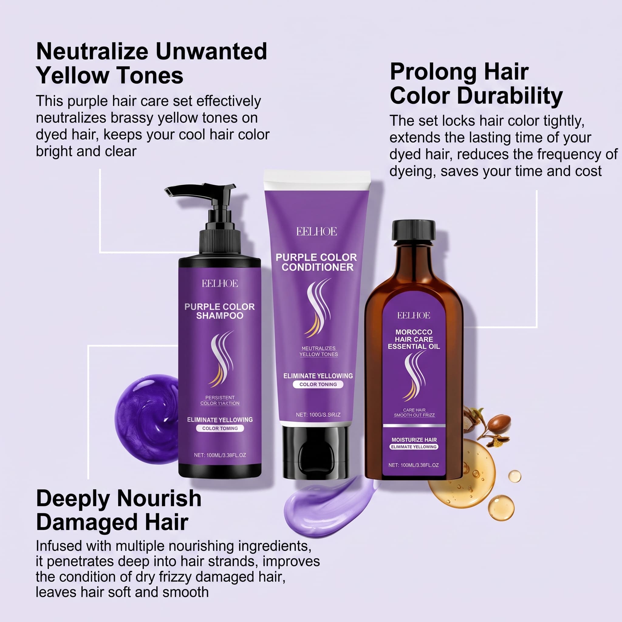 パープルシャンプーセット（コンディショナー、ヘアオイル、セラ - Purple Toning Shampoo のレビューと価格